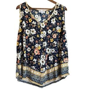 modern attraction floral print sleeveless v neck tunic top 3x navy yellow peach